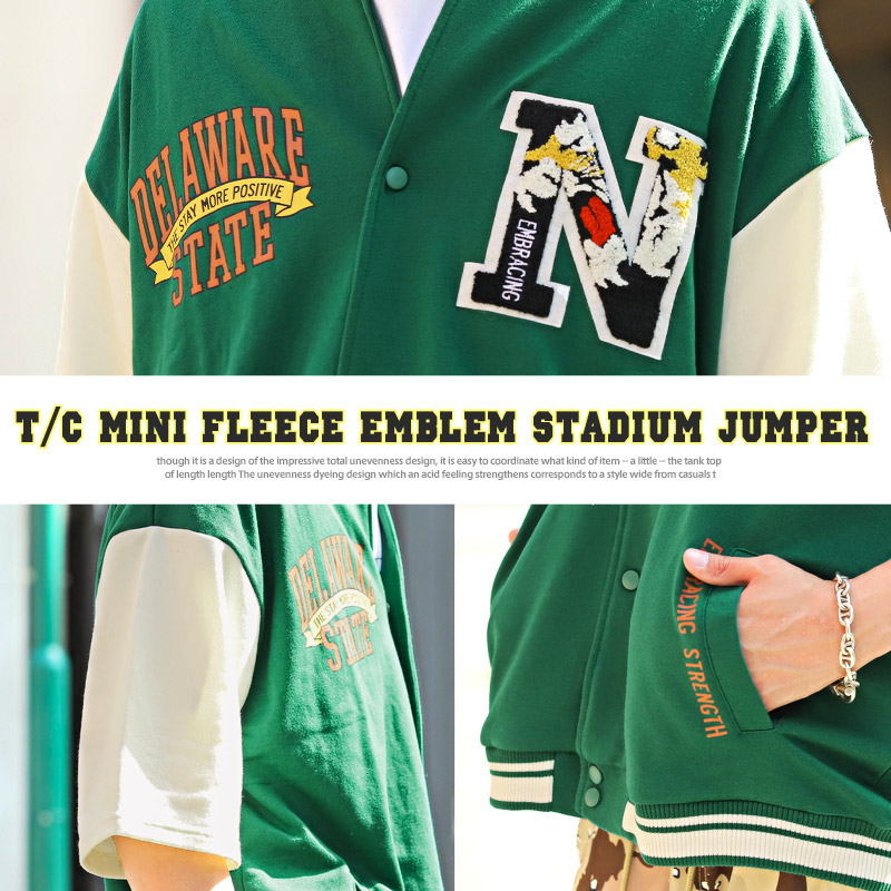 スタジャンメンズ半袖アウターサガラ刺繍ワッペンロゴ【T/Cミニ裏毛ワッペン半袖スタジャン】カットスタジャン英字ルーズゆったりカジュアルアメカジストリート春夏ビター系BITTER 6