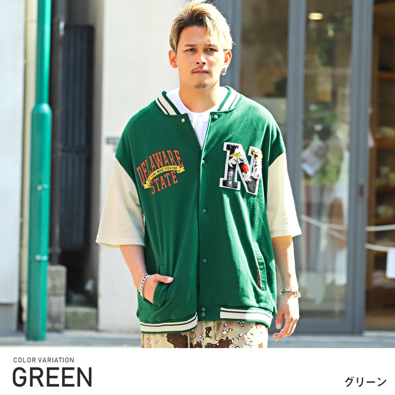 スタジャンメンズ半袖アウターサガラ刺繍ワッペンロゴ【T/Cミニ裏毛ワッペン半袖スタジャン】カットスタジャン英字ルーズゆったりカジュアルアメカジストリート春夏ビター系BITTER 4