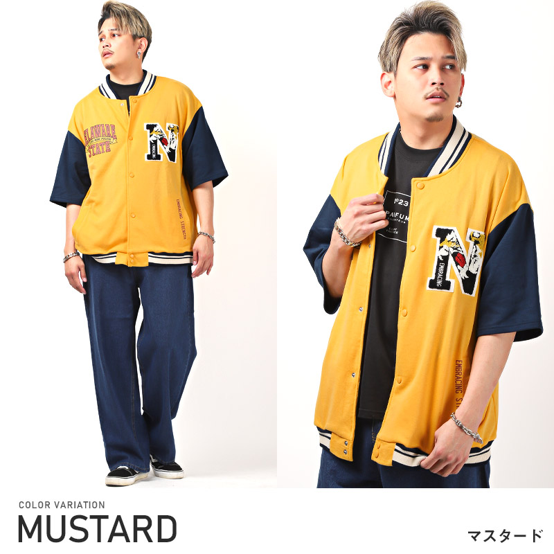 スタジャンメンズ半袖アウターサガラ刺繍ワッペンロゴ【T/Cミニ裏毛ワッペン半袖スタジャン】カットスタジャン英字ルーズゆったりカジュアルアメカジストリート春夏ビター系BITTER 8