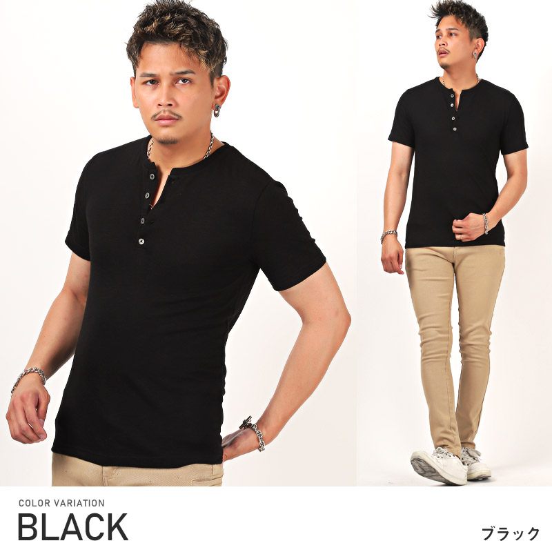 Tシャツ メンズ 半袖 トップス ヘンリーネック ボタン スラブ