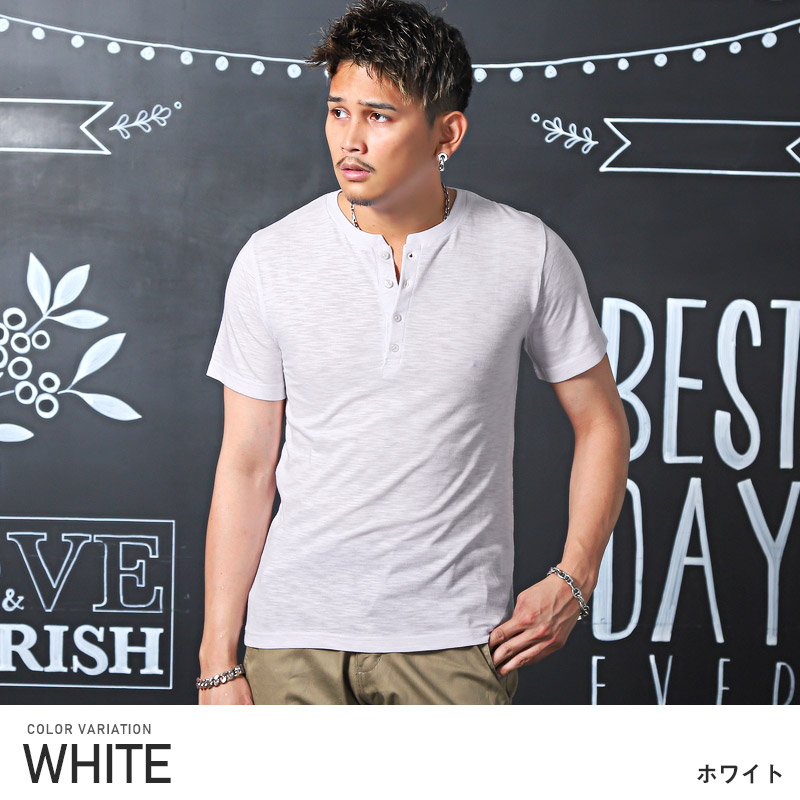 Tシャツ メンズ 半袖 トップス ヘンリーネック ボタン スラブ