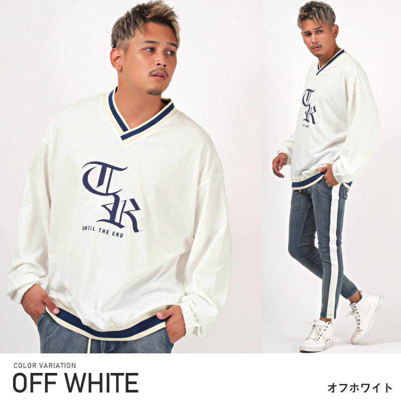 ロンT メンズ 長袖Tシャツ トップス Vネック カレッジロゴ 刺繍 ルーズ ストリート |  | 01