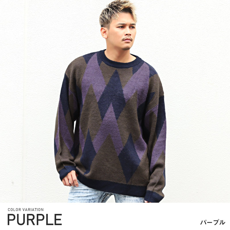 ▲送料無料▲ ニット メンズ トップス モヘアライク 起毛 ビッグシルエット 総柄 |  | 02