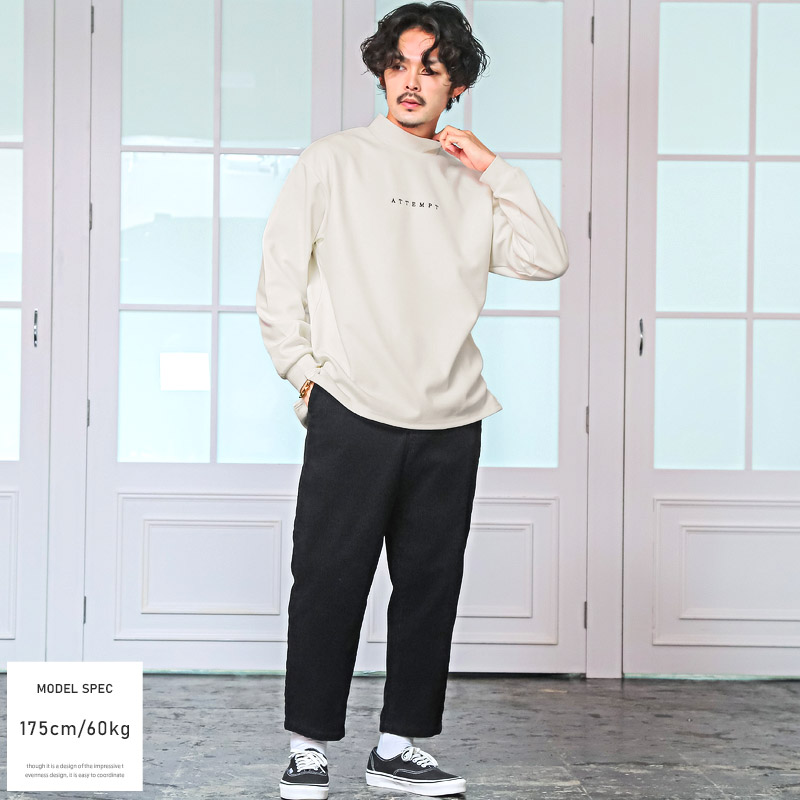 ロンT メンズ 長袖Tシャツ トップス モックネック ロゴ 刺繍