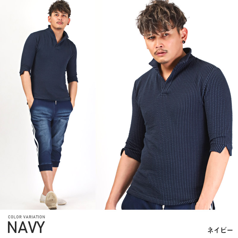 ポロシャツ メンズ 5分袖 五分袖 トップス シアサッカー イタリアンカラー ストライプ柄 無地 春夏 |  | 03