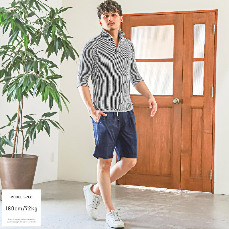 ポロシャツ メンズ 5分袖 五分袖 トップス シアサッカー イタリアンカラー ストライプ柄 無地 春夏 |  | 10