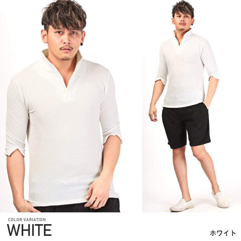 ポロシャツ メンズ 5分袖 五分袖 トップス シアサッカー イタリアンカラー ストライプ柄 無地 春夏 |  | 01