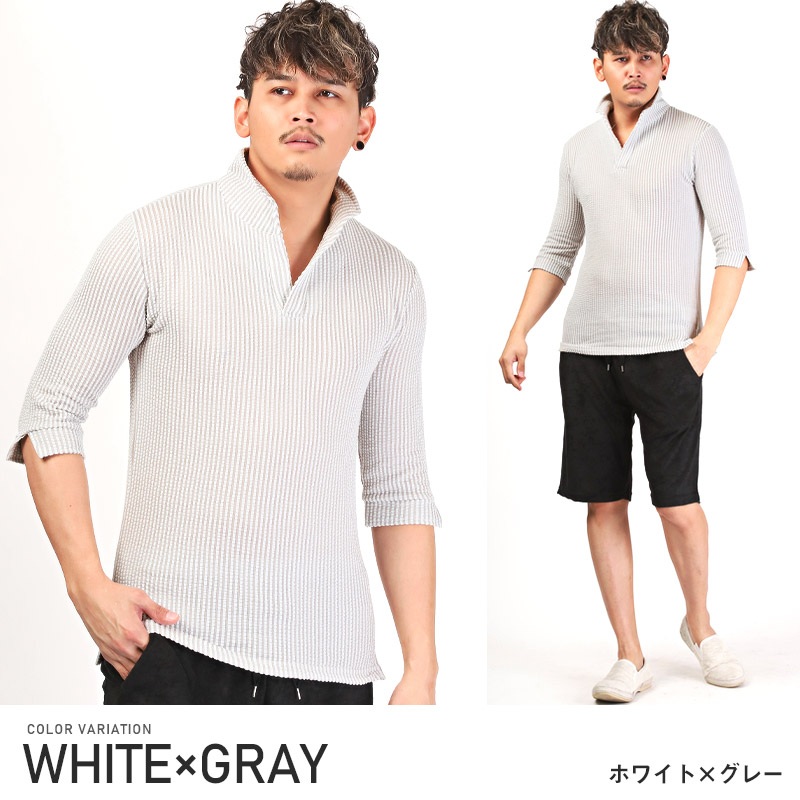 ポロシャツ メンズ 5分袖 五分袖 トップス シアサッカー イタリアンカラー ストライプ柄 無地 春夏 |  | 05