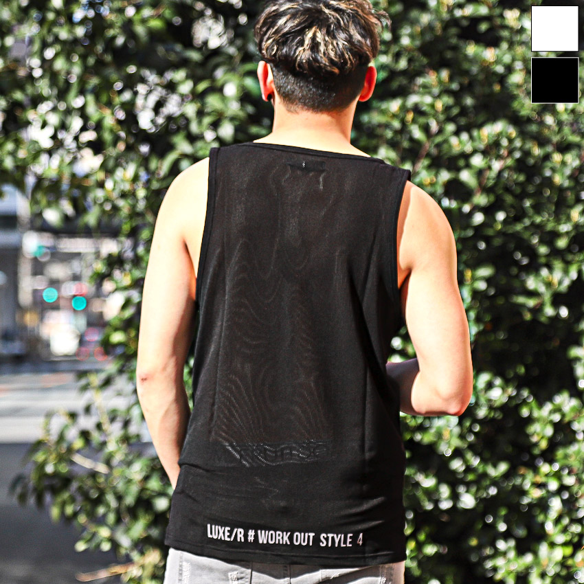 セール タンクトップ メンズ トップス ノースリーブ メッシュ 無地 インナー プリント ロゴ シンプル タイト 春夏 | 