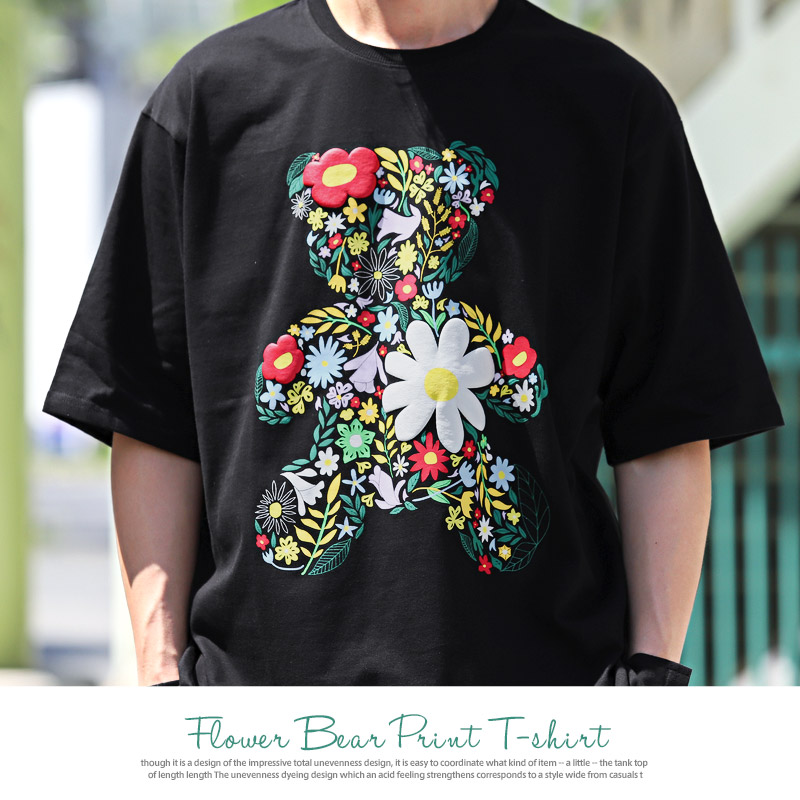 セール Tシャツ メンズ 半袖 トップス テディベア フラワー プリント