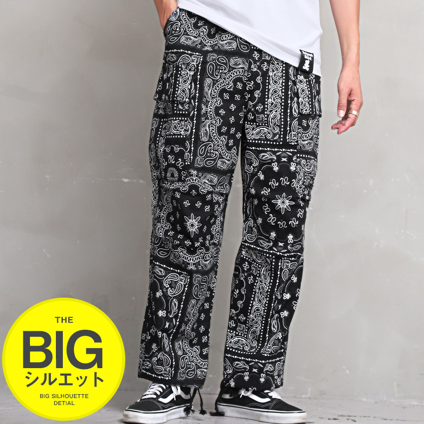 カーゴパンツ メンズ ボトムス ペイズリー バンダナ柄 ワイド ブラック 