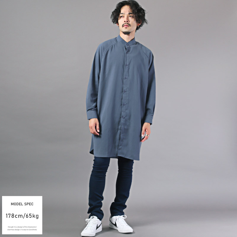 長袖シャツ メンズ トップス ノーカラー ジョーゼット ロング丈 無地