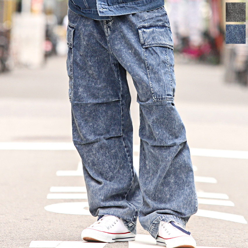 デニムパンツ カーゴ メンズ ボトムス ワイドパンツ 色落ち
