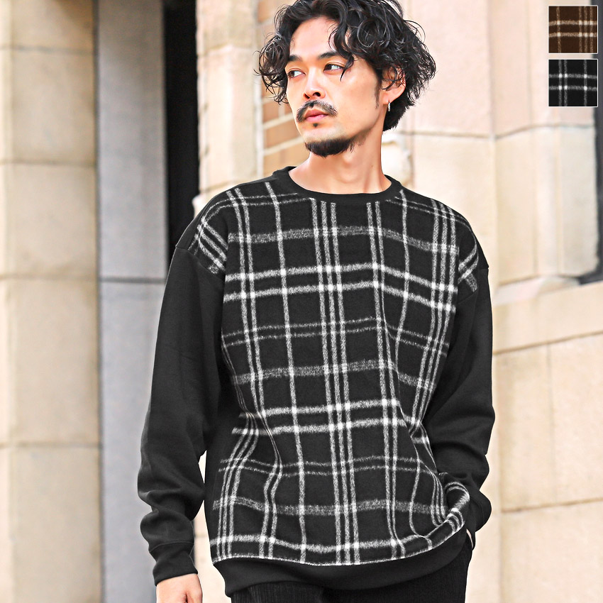トレーナー メンズ スウェット トップス 裏起毛 チェック柄 フリース
