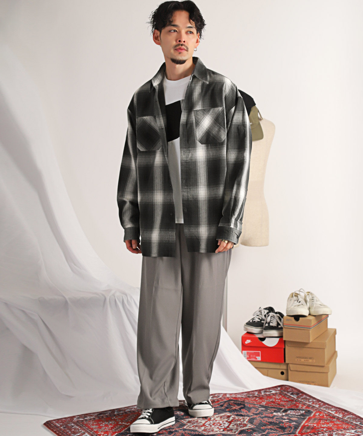 メンズ チェック柄シャツ 長袖シャツ ルーズシルエット T03153 長袖シャツ メンズ トップス オンブレチェック 総柄 チェック