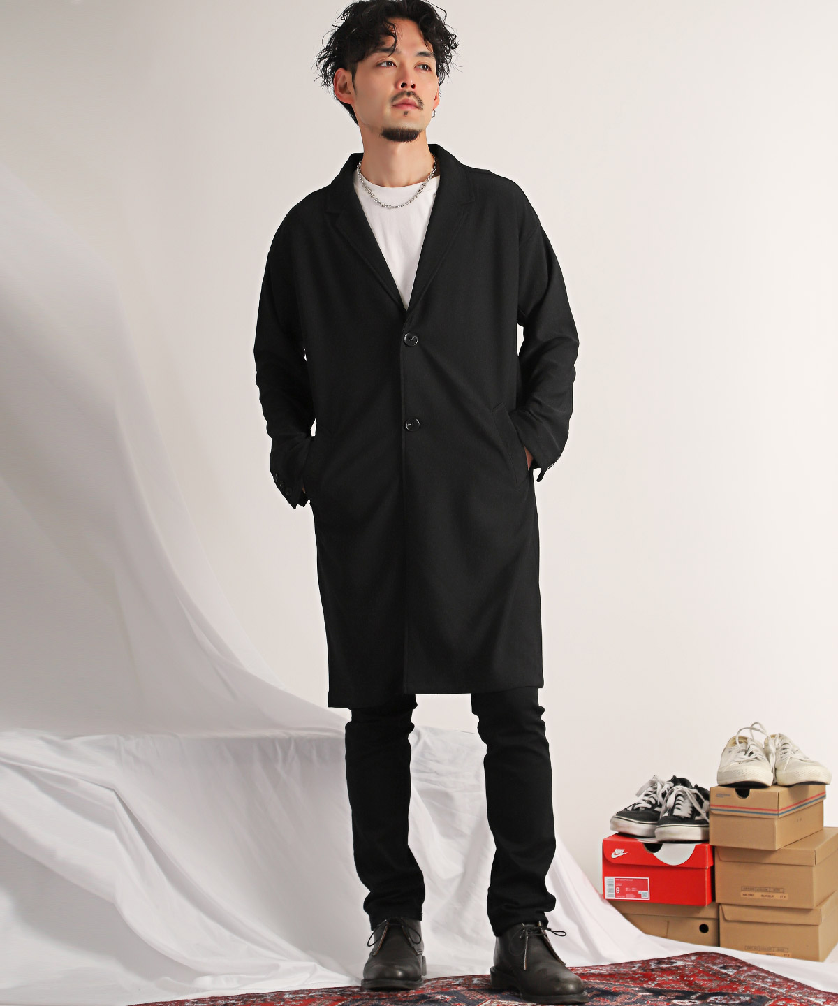 チェスターコート メンズ アウター ロング丈 コート ルーズシルエット 梨地 無地 薄手 |  | 11