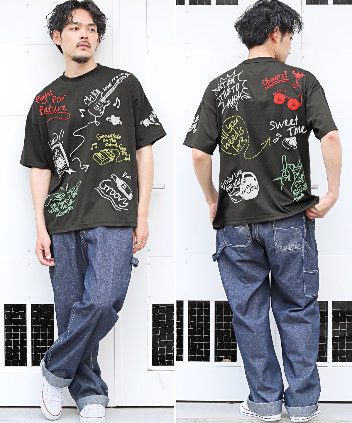 半袖Tシャツ メンズ 文字グラフィティプリント 装飾 2色 SITRY tシャツ All Graffiti Illustration Print T-shirt/落書き