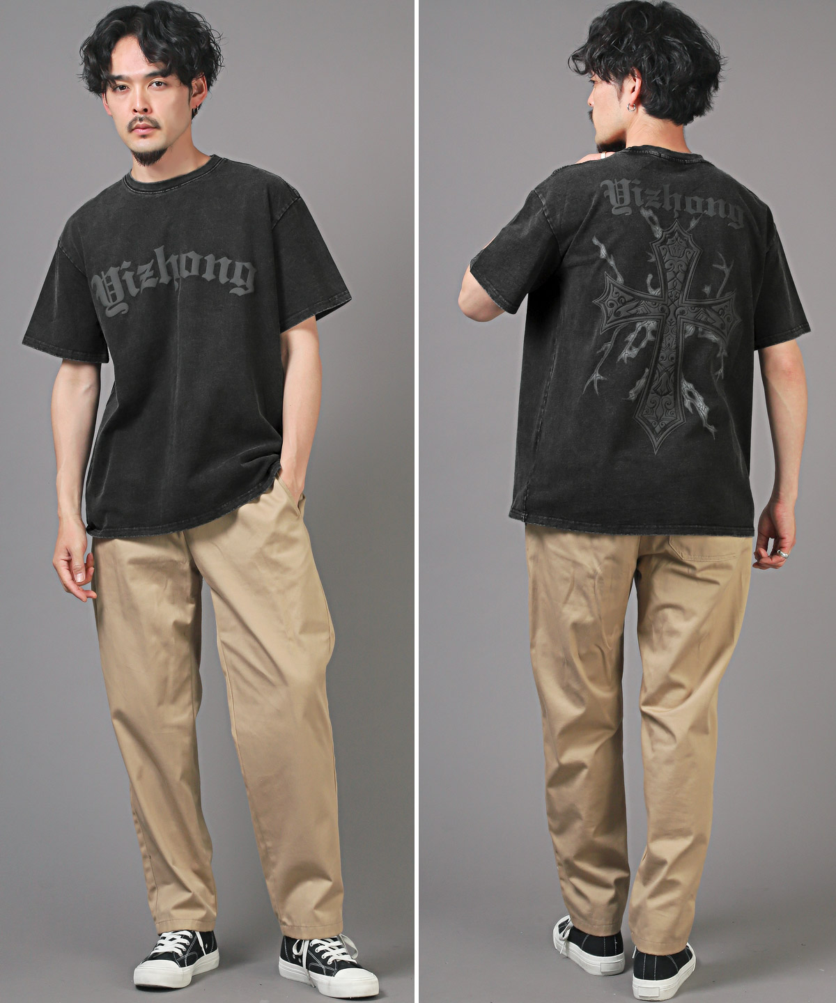 半袖シャツ デザインプリント ヴィンテージ風 シャツ 半袖 ビンテージ風プリント半袖Tシャツ(S ダークグレー＊01
