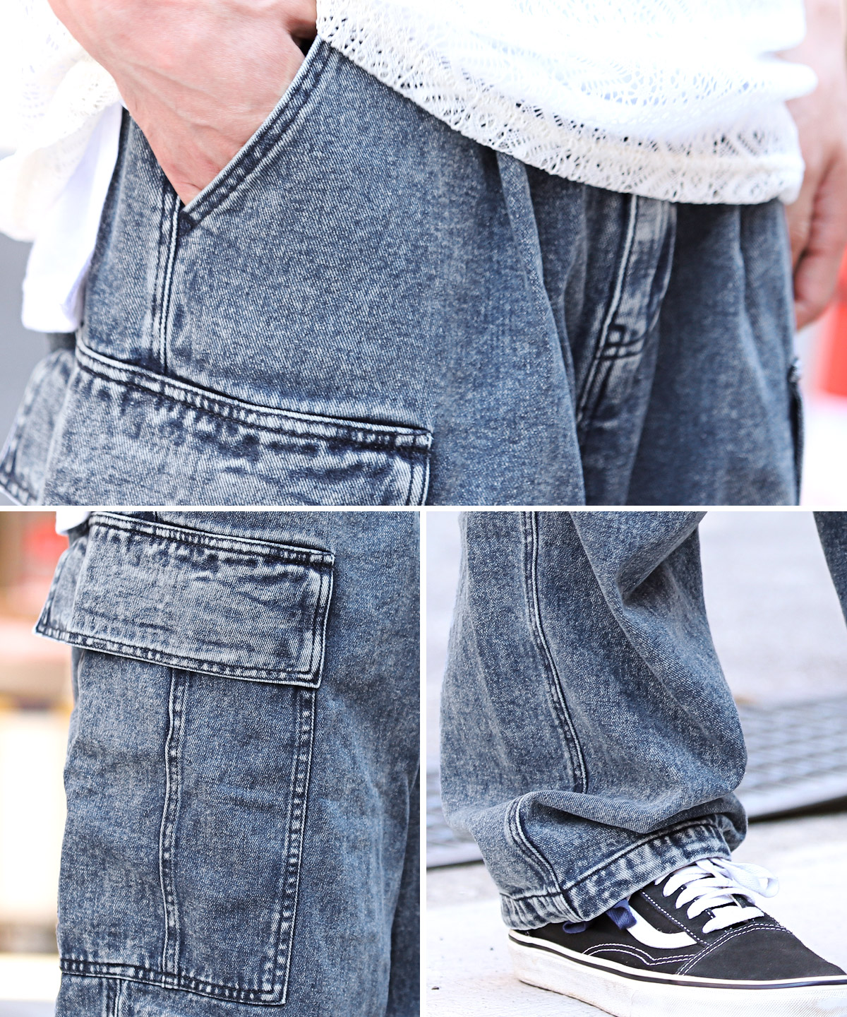 カーゴパンツ デニム メンズ ボトムス ワイドパンツ 色落ち