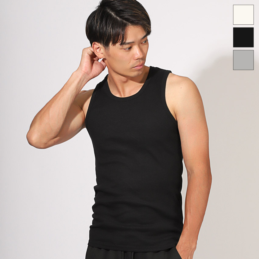 タンクトップ メンズ トップス 無地 テレコ ノースリーブ インナー リブ タイト 透け防止 シンプル 白 黒 グレー M L XL aa-3183 | 