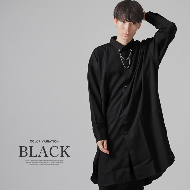 日本製　ビッグツイン　BIG TWIN　長袖シャツ　黒ブラック メンズシャツ 長袖 ロング丈 ビッグシャツ チェーン ネックレス カラー