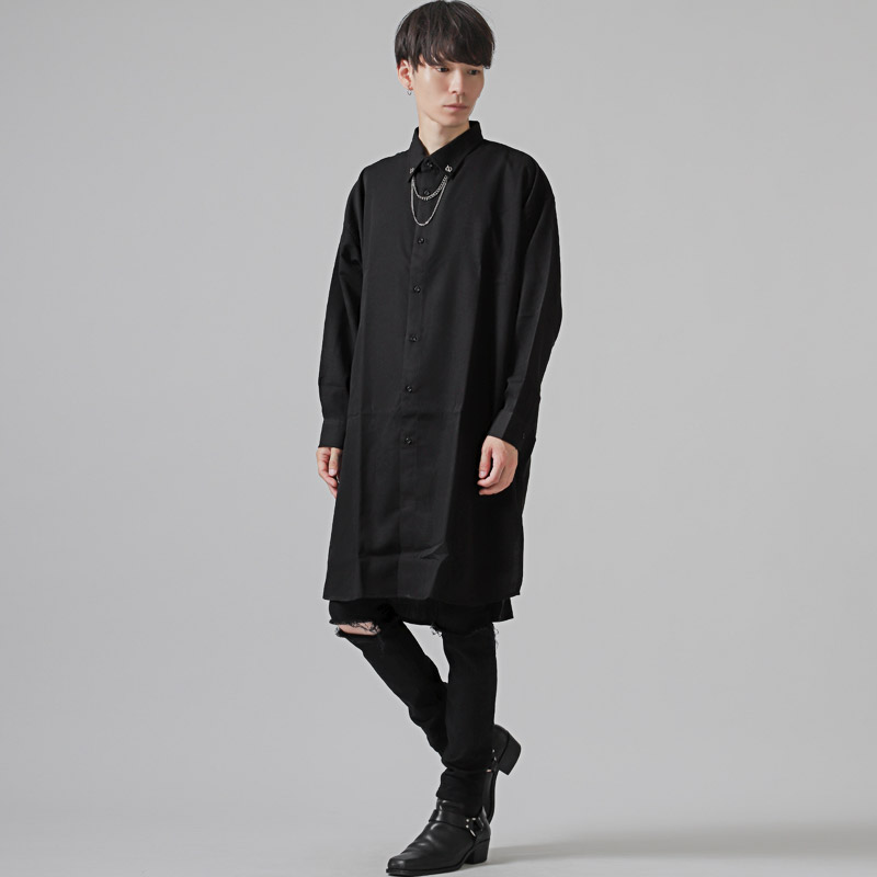 メンズシャツ 長袖 ロング丈 ビッグシャツ チェーン ネックレス カラー