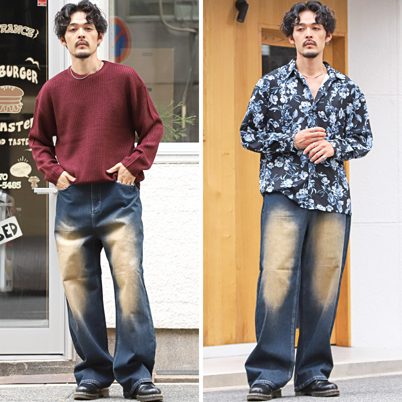 ジーンズ オーバーダイ 太め デニムパンツ メンズ ワイド ストレート 