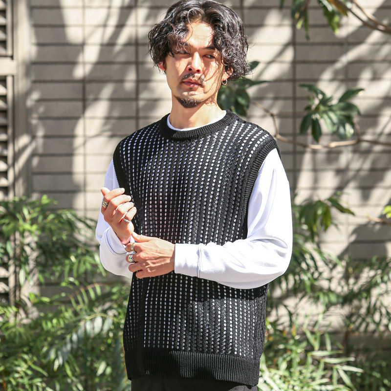 【在庫限り】ANAPアナップレース ベスト黒　ジレ　ビジュー　編み　メッシュ人気 ニットベスト 透かし編み メッシュ編み ベスト ジレ メッシュ