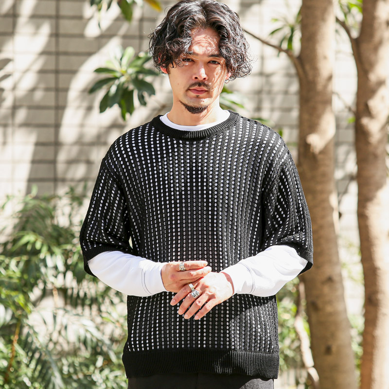 ニット セーター レイヤード メンズ メッシュ Tシャツ 半袖 重ね着