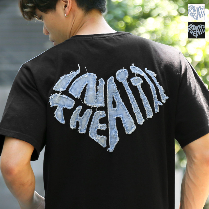 メンズ デニム ハート アップリケ Tシャツ 半袖 トップス カットソー 切り替え リメイク風 配色 ロゴ aa-3569 | 
