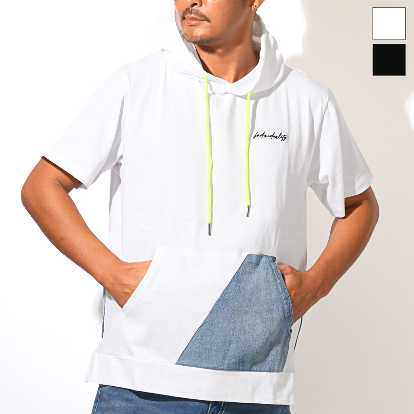 半袖パーカー フーディ フード付き Tシャツ 半袖 メンズ 半袖Tシャツ 蛍光色 ネオンカラー 差し色 刺繍 aa-3571 | 