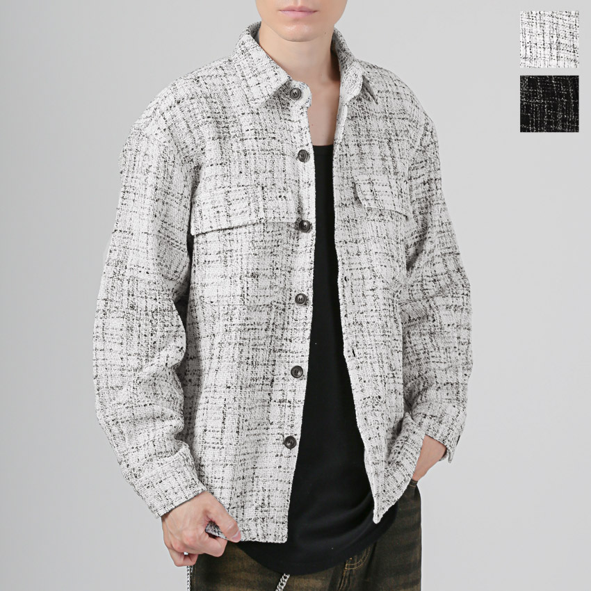 シャツジャケット 長袖シャツ ツイード ジャケット メンズ レディース ポリエステル レギュラーカラー aa-3697 | 