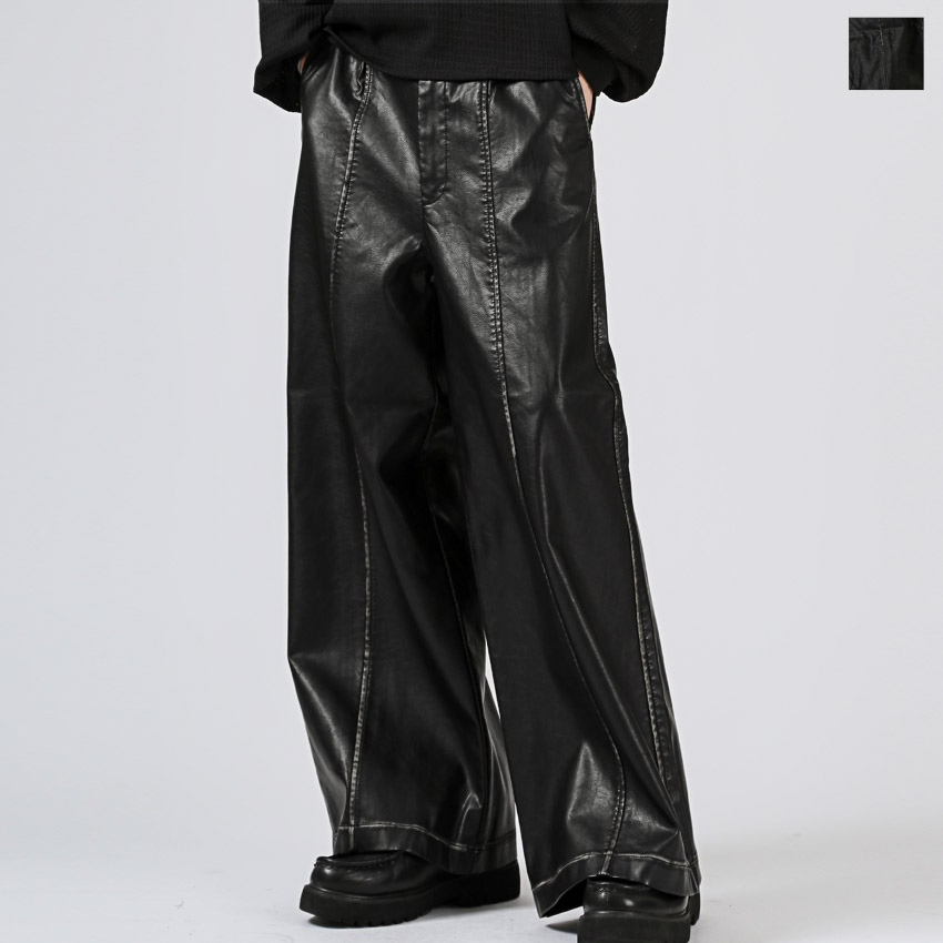 レザーパンツ ワイドパンツ メンズ PUレザー 合成皮革 フェイクレザー エコレザー 黒【ヴィンテージ加工PUレザーワイドパンツ】 aa-3806 メンズ PUレザー 合皮 合成皮革 フェイクレザー レザーパンツ ワイド