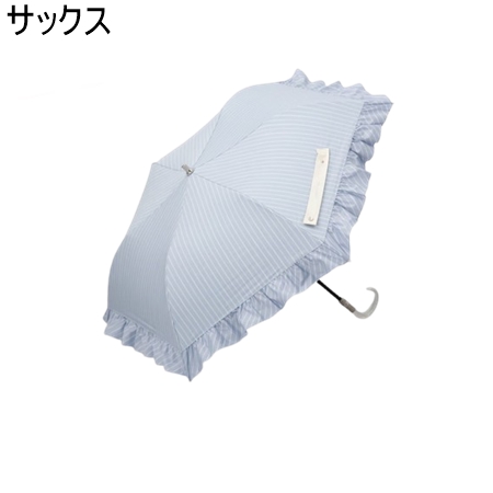新品 ジルスチュアート メタル繊維 フリル 手元伸縮 晴雨兼用パラソル 極薄青 新品 ジルスチュアート メタル繊維アクセント フリル 手元伸縮