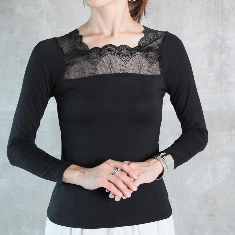 レコパン　黒　ブラック　V衿　長袖　Tシャツ　インナー　レーヨン　レディース　M カットソー ランダムテレコ 長袖 ブラック レディース(M
