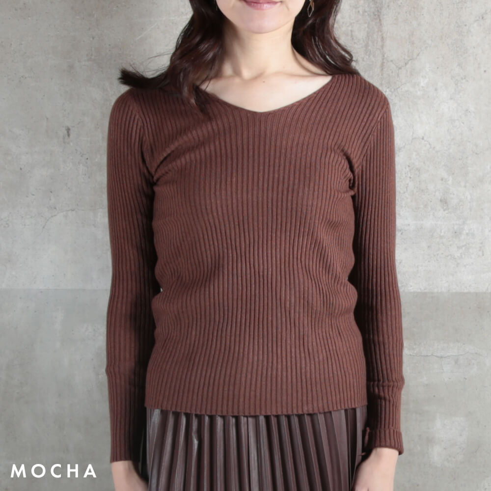 Vネック 長袖 リブニット セーター トップス レディース ニットソー