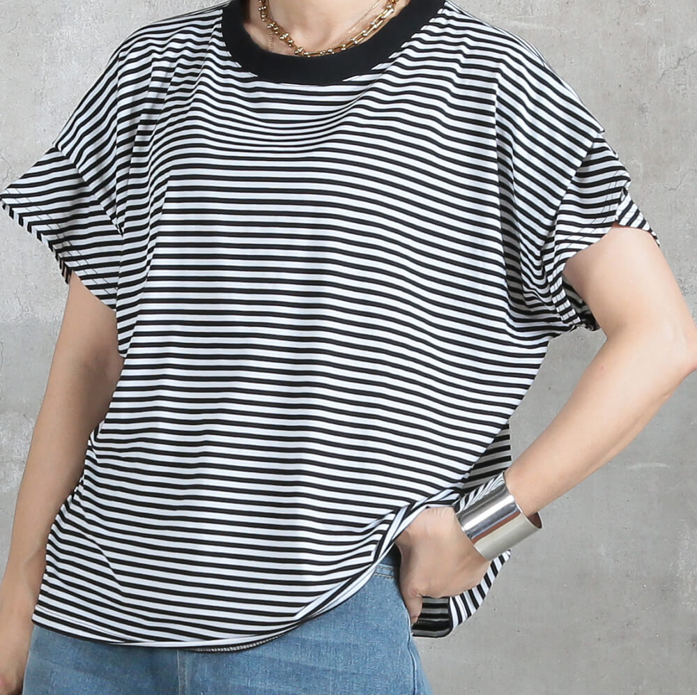 ボーダーフレンチスリーブTシャツ（無地ブラック） Tシャツ レディース フレンチスリーブ ゆったり ショルダータック 体型