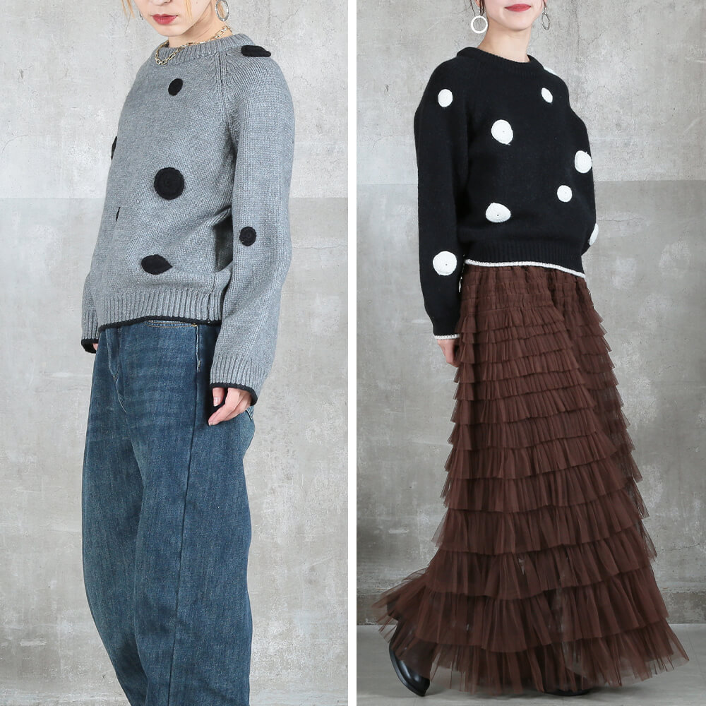水玉ニットトップス レディース 長袖 春秋冬 ゆったり ドット 秋冬に