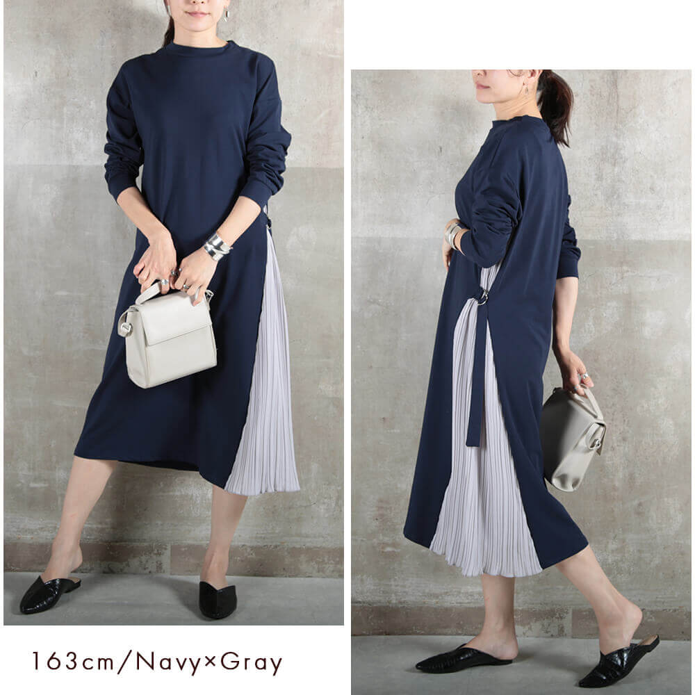 即納 プリーツワンピース ワンピース プリーツ サイドプリーツ 長袖