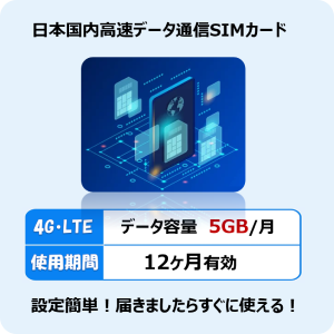 日本 プリペイドSIM 5GB/月1年間有効 Docomo回線 4G-LTE対応 データ