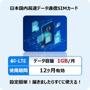日本 プリペイドSIM 1GB/月1年間有効 Docomo回線 4G-LTE対応 データ
