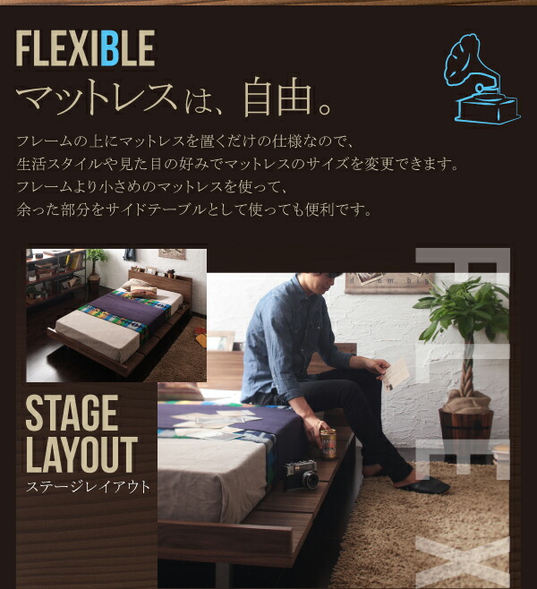 棚・コンセント付きモダンデザインローベッド プレミアムボンネルコイルマットレス付き ステージ ダブル フレーム幅160 組立設置付_12