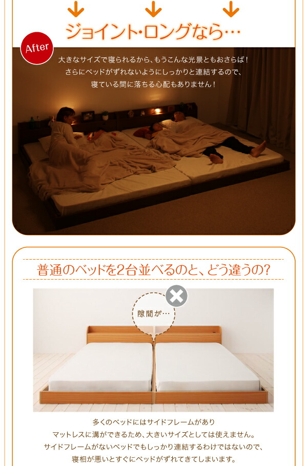 棚・照明・コンセント付ロング丈連結ベッド 国産...の詳細画像4