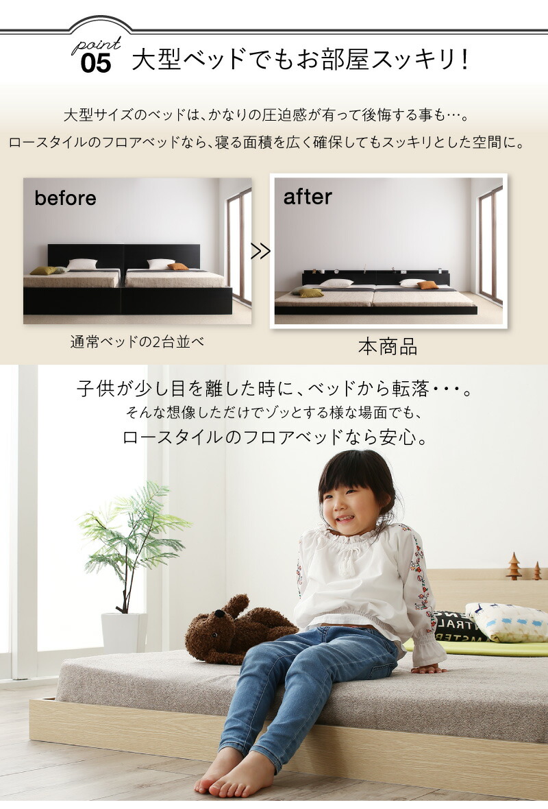 ベッド ローベッド 棚付き ベッドフレーム マットレス付き フロア コンセント付き ファミリー ウォールナット ホワイト ブラック ブラウン プレミア_9