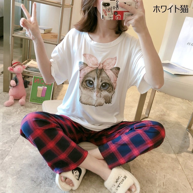 L グレー 猫柄　パジャマ　ルームウェア　韓国　ネコ　レディース　かわいい