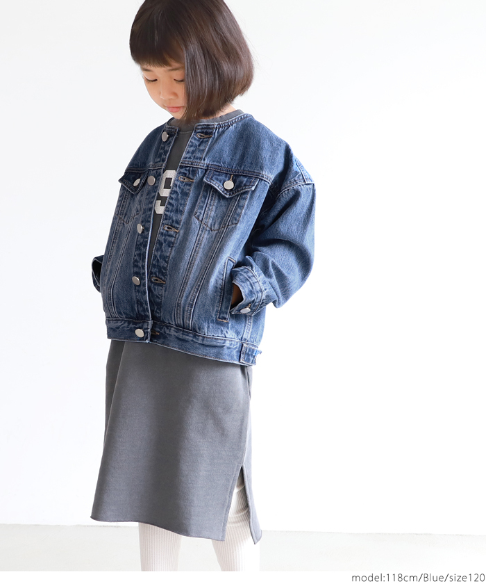 セール★2990円→1490円 キッズ100-130 メール便不可 子供服 デニムジャケット Gジャン 羽織り ノーカラー ラウンドネック 長袖  男女兼用 親子お揃い coca コカ