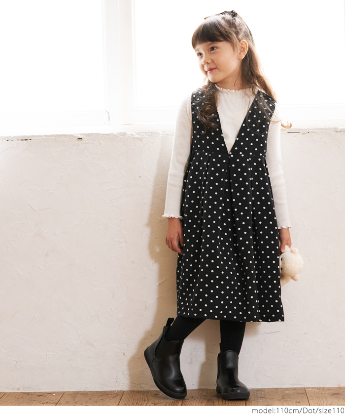 キッズ 子供服 ワンピース ドット 水玉 前後2way ポケット Vネック U