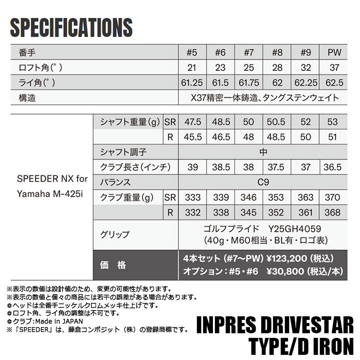 DRIVESTAR 一部即納OK YAMAHA INPRES TYPE/D アイアン 4本セット（#7