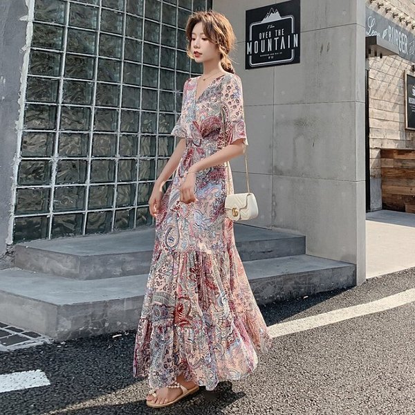 ロングワンピース レディース ワンピース 40代 おしゃれ 夏 フレアワンピース 花柄 着痩せ フリル オフィス 結婚式 二次会 30 大人 Ujz0emcskz レディースファッション Valleymill Com