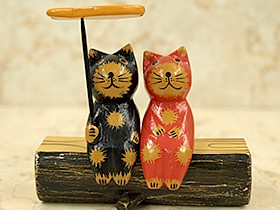 バリネコS(カップル＆魚) 切り株付き アジアン雑貨 バリ 猫 置物